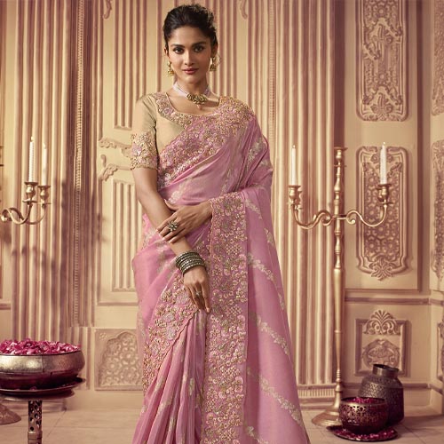 Blush Pink Embroidered Banarasi Silk Saree