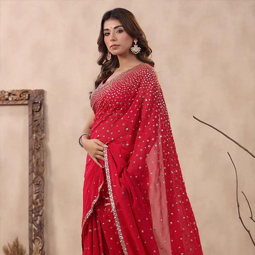 Fuchsia Pink Color Embroidered Georgette Saree