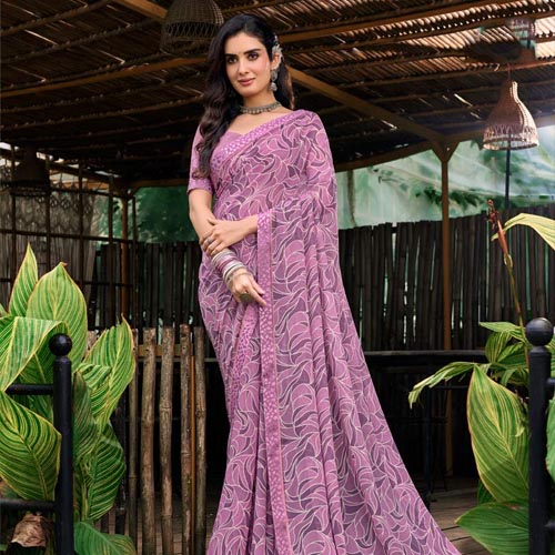 Vishal Prints Dusty Rose Pink Printed Georgette Saree With Fancy Border